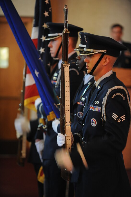 The Ellsworth honor guard posts the colors during a memorial service for Staff Sgt. Brian David Berky, 28th Civil Engineer explosive ordnance disposal craftsman, at Ellsworth Air Force Base, S.D., Sept. 24, 2009. Sergeant Berky joined the Air Force after graduating from Bradford County High School 2002. (U.S. Air Force photo/Airman 1st Class Adam Grant)