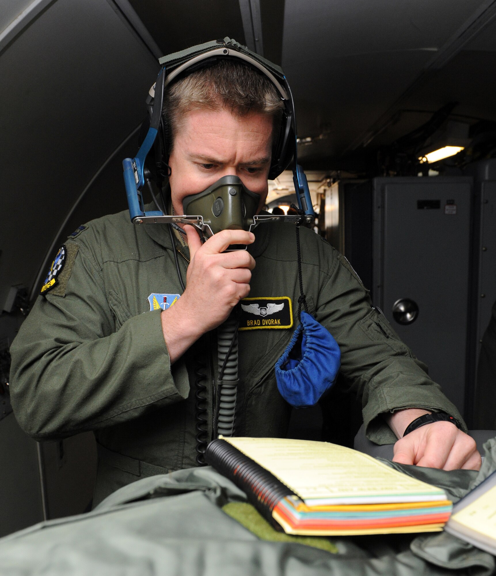 MOUNTAIN HOME AIR FORCE BASE, Idaho -- Capt. Brad Dvorak, 963rd Airborne Air Control Squadron air weapons officer, checks his oxygen mask during pre-flight inspections Sept. 21 during Gunfighter Flag. The E-3 Sentries from the 963rd AWACS out of Tinker AFB, Okla., participated as friendly "blue air" forces during the exercise. Gunfighter Flag, which ran from Sept. 14 through 24, was Mountain Home's first ever large-scale, multi-national exercise which brought more than 450 personnel from the U.S. Air Force, U.S. Navy and Canadian air force to Mountain Home. (U.S. Air Force photo by Airman 1st Class Debbie Lockhart)