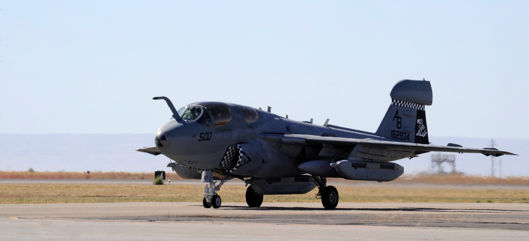 MOUNTAIN HOME AIR FORCE BASE, Idaho -- An EA-6B Prowler from the Tactical Electronic Attack Squadron 137 returns to Mountain Home after a simulated training mission Sept. 23 during Gunfighter Flag. The EA-6B Prowlers from the VAQ-137 out of Whidbey Island NAS, Wash., participated as friendly “blue air” forces during the exercise. Gunfighter Flag, which ran from Sept. 14 through 24, was Mountain Home’s first ever large-scale, multi-national exercise which brought more than 450 personnel from the U.S. Air Force, U.S. Navy and Canadian air force to Mountain Home. (U.S. Air Force photo by Airman 1st Class Renishia Richardson) 