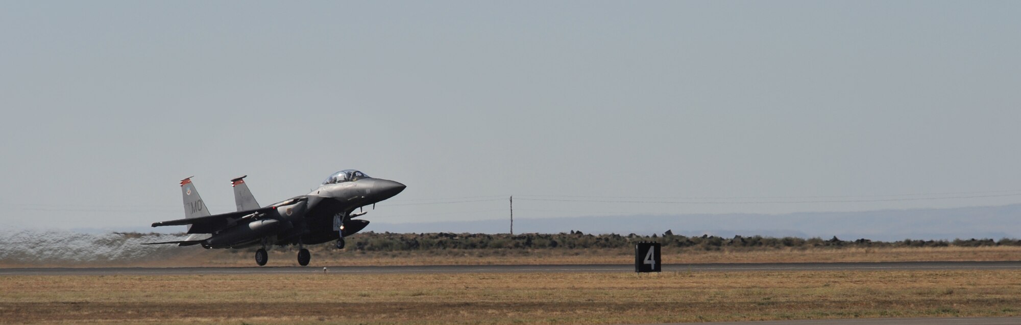 MOUNTAIN HOME AIR FORCE BASE, Idaho-- An F-15E Strike Eagle from the 391st Fighter Squadron takes off for a simulated training mission during Gunfighter Flag Sept. 22. The exercise, which ran from Sept. 14 through 24, was Mountain Home’s first ever large-scale, multi-national exercise which brought more than 450 personnel from the U.S. Air Force, U.S. Navy and Canadian air force to Mountain Home. (U.S. Air Force photo by Airman 1st Class Renishia Richardson)  