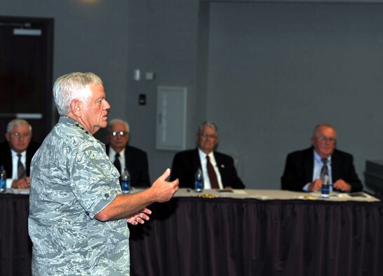 Gen. Arthur Lichte, Air Mobility Command commander, adds comments to the audience during a session of the Tanker "Living Legends" Speaker Series on Sept. 24, 2009, in the Global Reach Planning Center on Scott Air Force Base, Ill.  The purpose of the speaker series is to highlight 80 years of air refueling history.  (U.S. Air Force Photo/Tech. Sgt. Scott T. Sturkol)