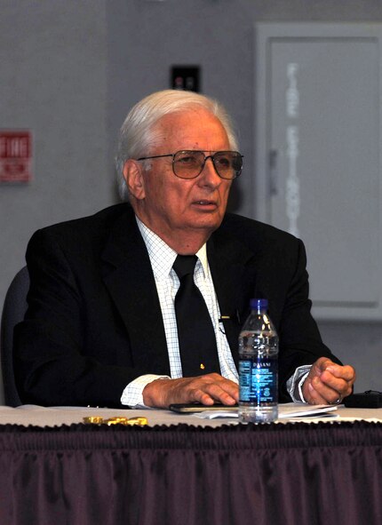 Retired Maj. Donald Burgett -- a former KC-97 and KC-135 navigator who served during the Vietnam War, shares his experiences in air refueling efforts for the war during a session of the Tanker "Living Legends" Speaker Series on Sept. 24, 2009, in the Global Reach Planning Center on Scott Air Force Base, Ill.  Major Burgett participated in three deployments to the Vietnam war zone. (U.S. Air Force Photo/Tech. Sgt. Scott T. Sturkol)