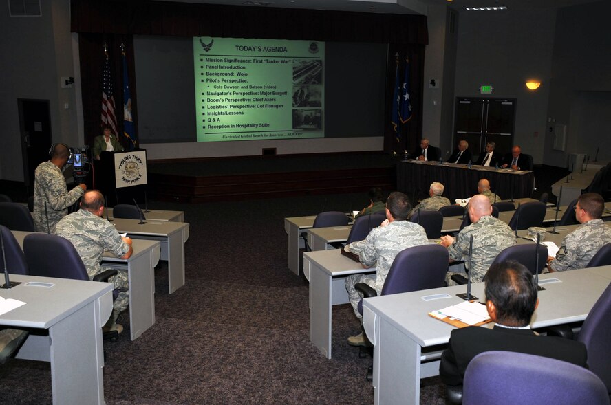 The panelists -- retired Col. Bob Dawson, retired Maj. Donald Burgett, retired Chief Master Sgt. John Akers, and retired Col. Gerald Flanagan -- share their experiences about air refueling during the Vietnam War as part of the Air Mobility Command Tanker "Living Legends" Speaker Series in the Global Reach Planning Center at Scott Air Force Base, Ill., on Sept. 24, 2009.  The purpose of the speaker series is to commemorate 80 years of air refueling history. (U.S. Air Force Photo/Tech. Sgt. Scott T. Sturkol)