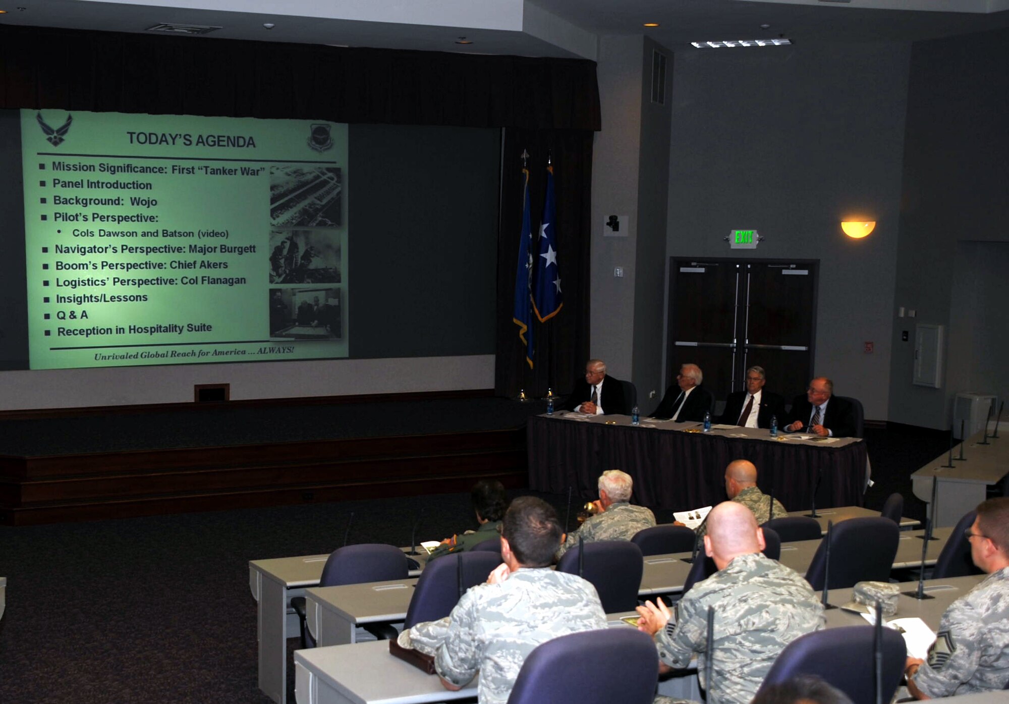 The panelists -- retired Col. Bob Dawson, retired Maj. Donald Burgett, retired Chief Master Sgt. John Akers, and retired Col. Gerald Flanagan -- share their experiences about air refueling during the Vietnam War as part of the Air Mobility Command Tanker "Living Legends" Speaker Series in the Global Reach Planning Center at Scott Air Force Base, Ill., on Sept. 24, 2009.  The purpose of the speaker series is to commemorate 80 years of air refueling history. (U.S. Air Force Photo/Tech. Sgt. Scott T. Sturkol)