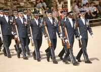 The Air Force Honor Guard Drill Team performs Sept. 18 at the Air Force Basic Military Training Reception Center at Lackland Air Force Base, Texas. The Drill Team is the traveling component inspiring Air Force awareness among military and civilian audiences by performing a complex drill routine. (U.S. Air Force photo/Robbin Cresswell)