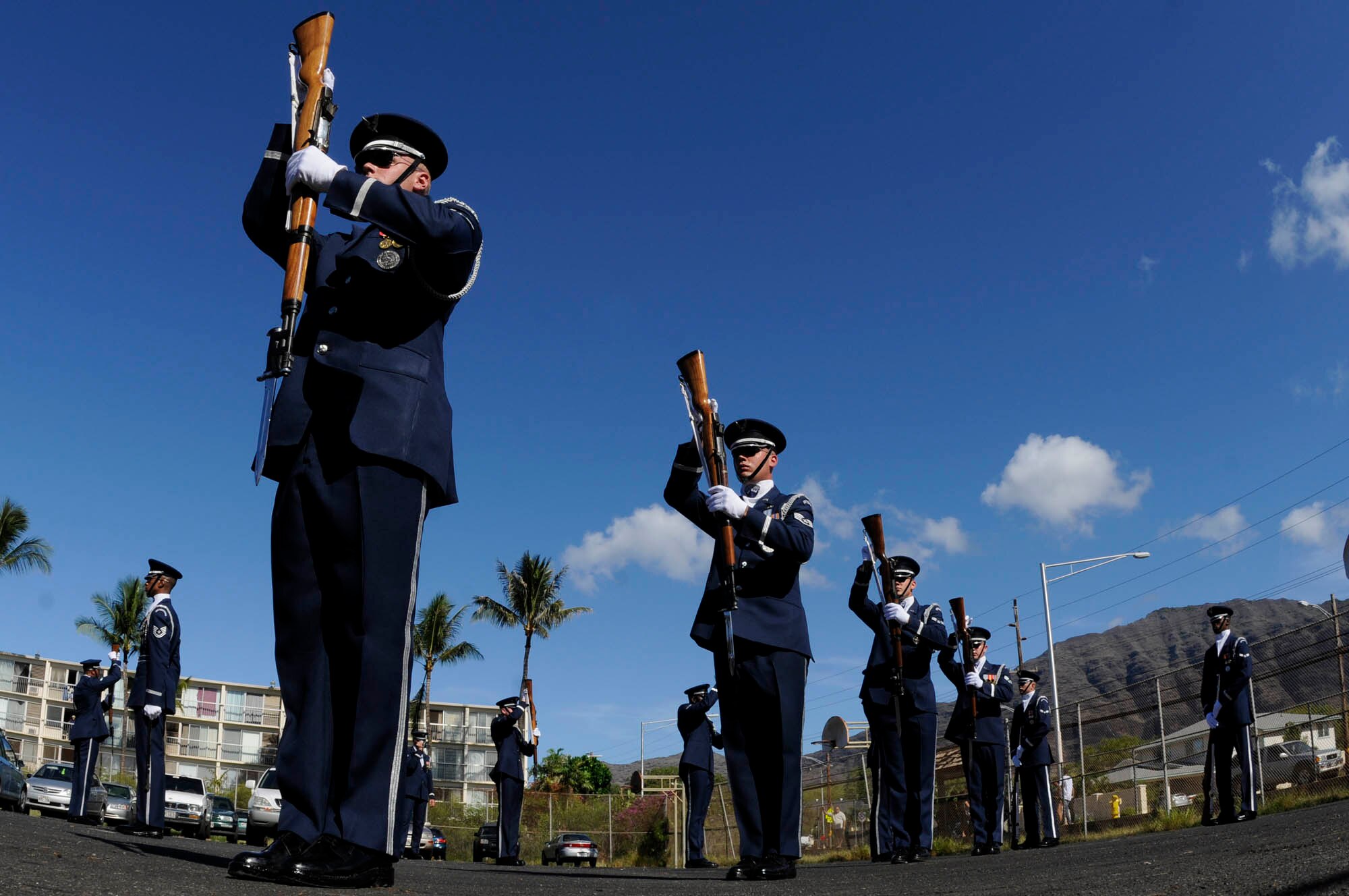 Members of the U.S. Air Force Honor Guard Drill Team perform for students at Wai’anae High School Sept. 22 in Wai’anae, Hawaii. The Drill Team is the traveling component of the U.S. Air Force Honor Guard and tours worldwide representing all Airmen while showcasing Air Force precision and professionalism. (U.S. Air Force photo by Staff Sgt. Dan DeCook)