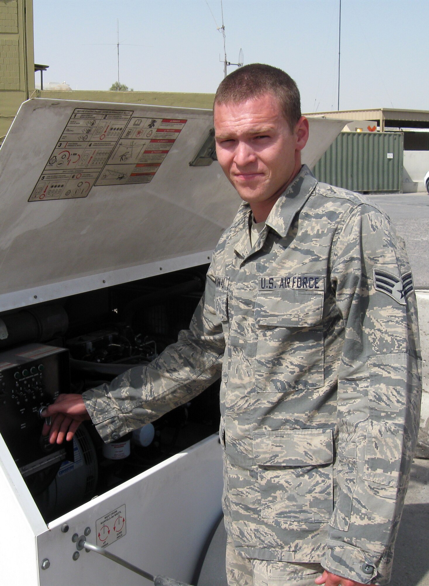 SOUTHWEST ASIA -- Senior Airman Aric McDonald is a power production technician deployed from the 90th Civil Engineer Squadron, F.E. Warren Air Force Base, W.Y. (Courtesy photo)