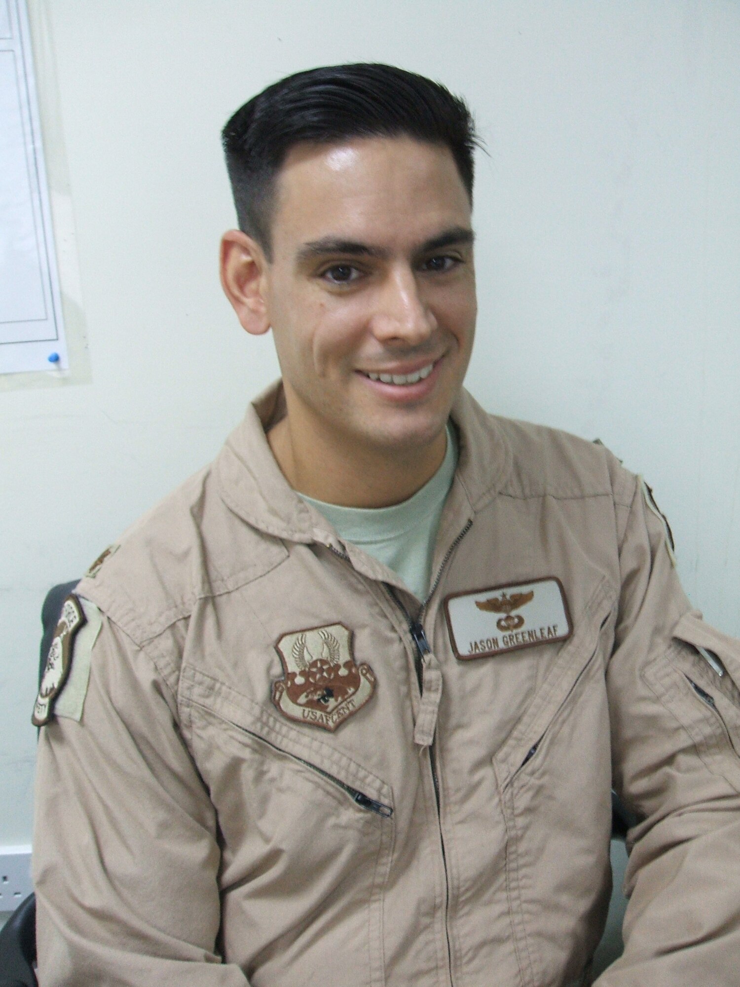 SOUTHWEST ASIA - Maj. Jason Greenleaf, 380th Air Expeditionary Wing's chief of flight safety, recounts his personal goal as, "Finishing my master's degree in military management…while finding time to get in better shape." Major Greenleaf's home-station is Tinker Air Force Base, Okla. His hometown is Wells, Maine. (U.S. Air Force Photo/2nd Lt. Kidron B. Vestal)