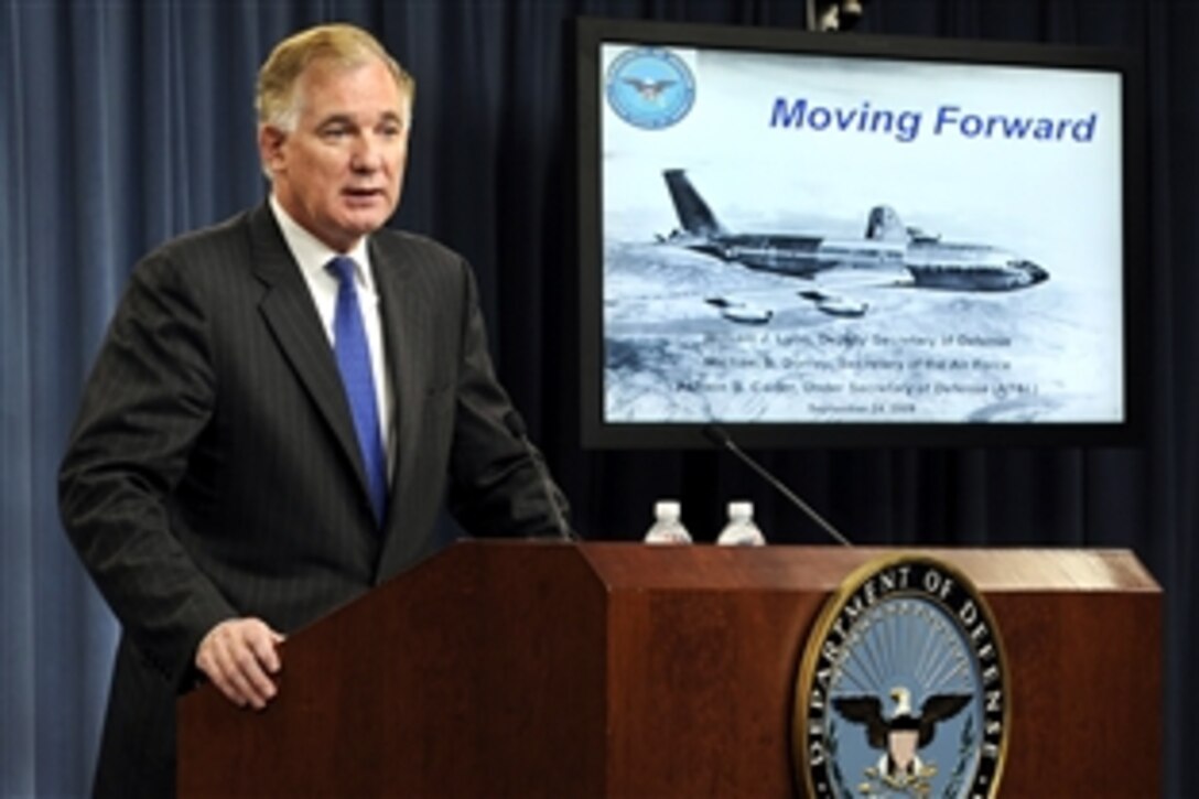 Deputy Defense Secretary William J. Lynn speaks with members of the press about the Air Force KC-X aerial tanker program during a press conference at the Pentagon, Sept. 24, 2009.  