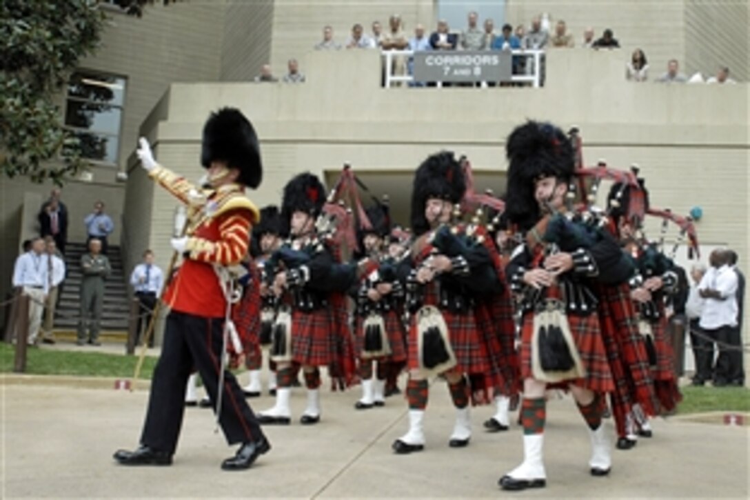 The Pipes and Drums of the 1st Battalion Scots Guard performs for employees, troops and families at the Pentagon, Sept. 25, 2009. The band, which features infantry soldiers, performed to express admiration for its closest allies before they deploy to  Helmand province, Afghanistan, early next year.