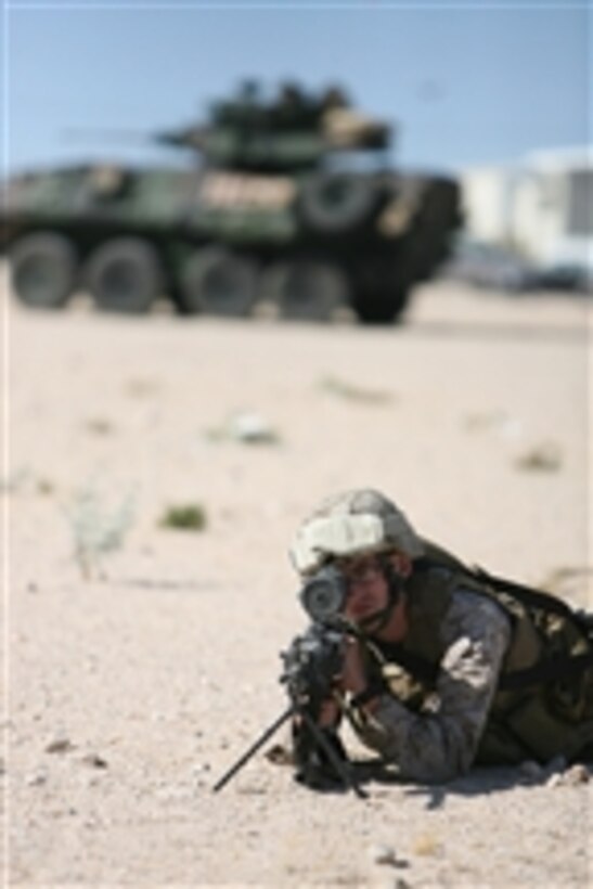 U.S. Marine Corps Cpl. Brian Kruger, a scout with 1st Platoon, Alpha Company, 4th Light Armored Reconnaissance Battalion, 4th Marine Division, provides security during an immediate action drill at Twentynine Palms, Calif., on Sept. 8, 2009.  