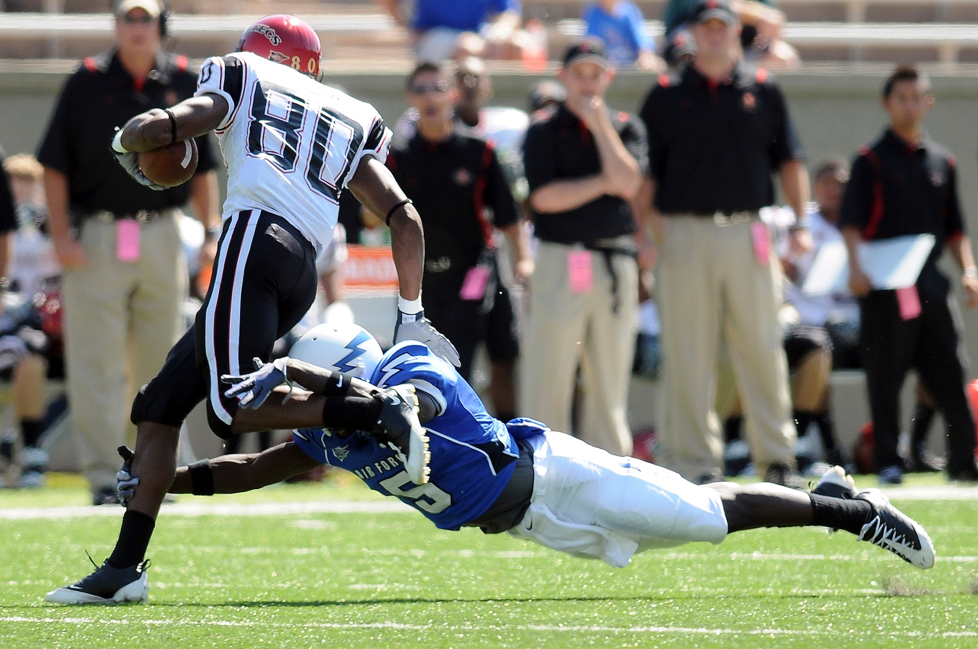 Sophomore defensive back Anthony Wright tackles Aztecs wide receiver Vincent Brown during the Falcons' 26-14 win over San Diego State at Falcon Stadium, Colo., Sept. 26, 2009. Wright had three solo tackles and a 47-yard interception return for a touchdown. (U.S. Air Force photo/Rachel Boettcher)