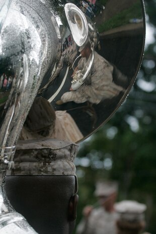 A tuba player with the Quantico Marine Corps Band performs during the wreath laying ceremony at the John Basilone Statue in Raritan, N.J., Sept. 27. The celebration of the town's Medal of Honor recipient is the largest in the nation. (Marine Corps photo by Sgt. Randall A. Clinton)