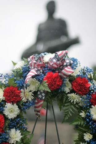 On of the many wreaths placed in front of the John Basilone Statue in Raritan, N.J., Sept. 27. The celebration of the town's Medal of Honor recipient is the largest military parade in the nation. (Marine Corps photo by Sgt. Randall A. Clinton)
