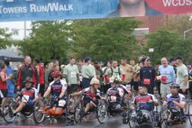 Wounded warriors await the start of the 8th Annual Tunnel-To-Towers Run in New York City Sept. 27, 2009.  The run commemorates Firefighter Stephen Siller, New York City Fire Department, who ran 3.1 miles through the tunnel connecting Brooklyn and Manhattan Sept. 11, 2001, carrying 70 lbs. of gear to assist at the World Trade Center before dying in the towers' collapse.