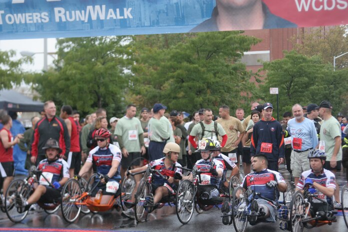 Wounded warriors await the start of the 8th Annual Tunnel-To-Towers Run in New York City Sept. 27, 2009.  The run commemorates Firefighter Stephen Siller, New York City Fire Department, who ran 3.1 miles through the tunnel connecting Brooklyn and Manhattan Sept. 11, 2001, carrying 70 lbs. of gear to assist at the World Trade Center before dying in the towers' collapse.