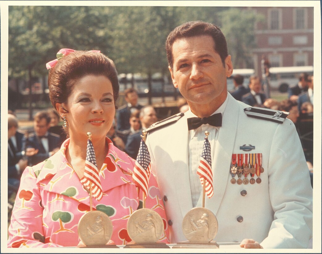 Ms. Shirley Temple Black and Colonel Arnald D. Gabriel receiving the Valley Forge Freedom Foundation Award in Philadelphia, Pa. on May 12, 1972. (Air Force Photo)