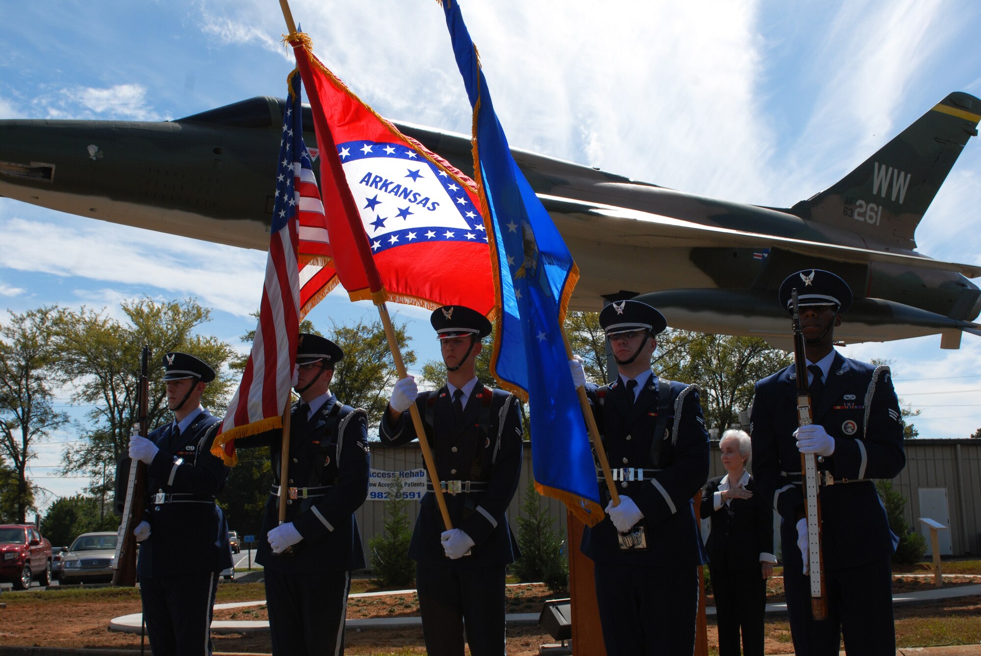 Little Rock Air Force Base honor guard members present the colors during an F-105 dedication ceremony at the Jacksonville Museum of Military History Sept. 25. Col. Leo Thorsness, retired Air Force pilot, former prisoner of war, and recipient of the Congressional Medal of Honor dedicated the plane. Thorsness was flying a F-105 when he was shot down on a rescue mission in Vietnam.(U.S. Air Force photo by Senior Airman Nathan Allen)