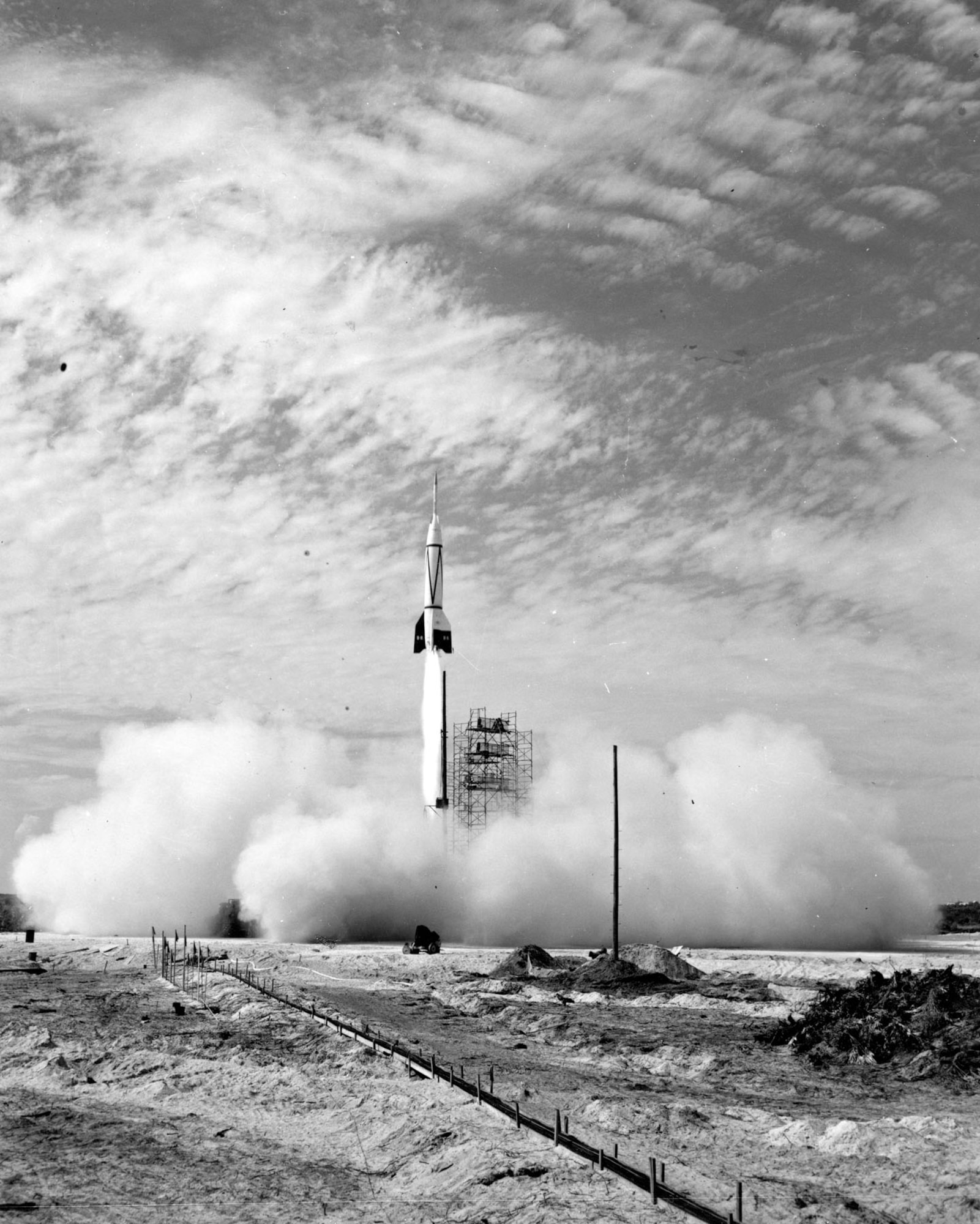 Liftoff of "Bumper 8," a research rocket using a V-2 as a first stage, July 24, 1950. (U.S. Air Force photo)