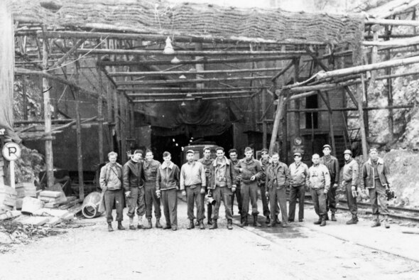 Americans at the entrance to the captured Mittelwerk factory. (U.S. Air Force photo)