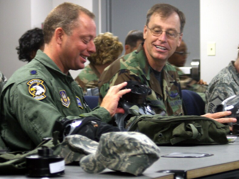 WRIGHT-PATTERSON AIR FORCE BASE, Ohio- Lt. Col. William Barton, 445th Airlift Wing Safety, and Col. Stephen Goeman, 445th Airlift Wing commander, inspect their gas masks during chemical, biological, radiological, nuclear and high-yield  explosive objectives (CBRNE) training Sept. 26. Reservists from the wing are required to attend the training every 20 months. (U. S. Air Force photo/Senior Airman Mikhail Berlin)