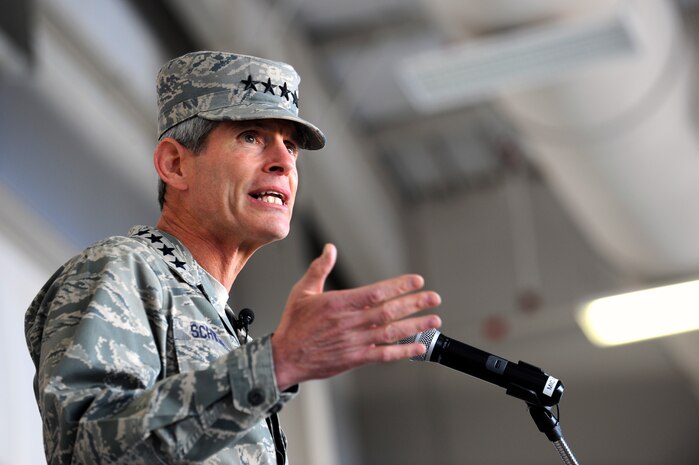 CREECH AIR FORCE BASE, Nev. -- Gen. Norton A. Schwartz, Chief of Staff of the United States Air Force, gives his personal remarks at the Unmanned Aerial Systems sensor operator and pilot graduation, held  Sept. 25. for class of 09-12. Schwartz attended the ceremony as the presiding officer for the first UAS graduation. (U.S. Air Force photo by Airman 1st Class Brett Clashman) 