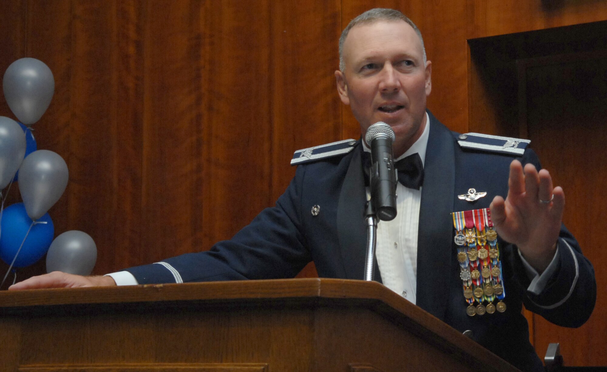 SPANGDAHLEM AIR BASE Germany -- 52nd Fighter Wing Commander Col. Tip Wight speaks during the 2009 Air Force Ball here at Club Eifel Sept. 25. Sabers from across the 52nd Fighter Wing were invited to attend the event, which observed the Air Force's birthday and Airmen's contributions around the globe.  This year's theme was "All in...Globally Engaged" to recognize the unique role the Air Force fulfills in missions across the world. (U.S. Air Force photo/Airman 1st Class Nick Wilson)