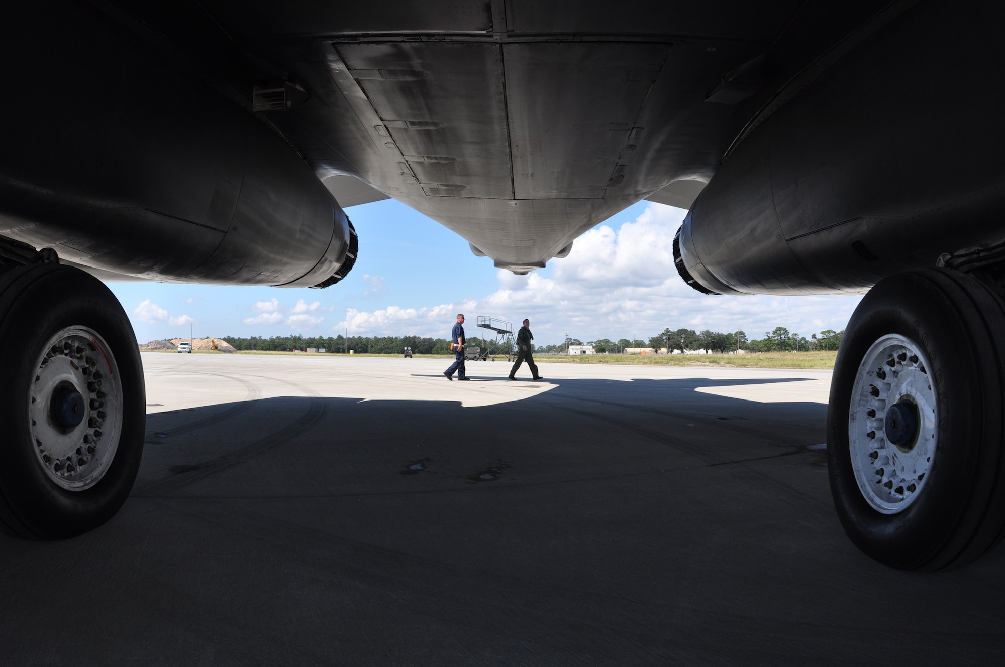 EGLIN AIR FORCE BASE, Fla. -- Staff Sgt. Dallas Osburn, 337th Test and Evaluation Squadron and Col. Mick Guthals, 53rd Wing vice commander, perform their preflight inspection of the B-1B Lancer for a test mission Sept. 24, here. Two B-1s were brought here from Dyess AFB, Texas, last week in an effort to better defend the aircraft for today’s warfighters and prove the strength of new software. The B-1 is a long range, multi-role, heavy bomber with a wingspan of 137 feet, and is capable of intercontinental flight unrefueled. (U.S. Air Force photo/ Sam King)