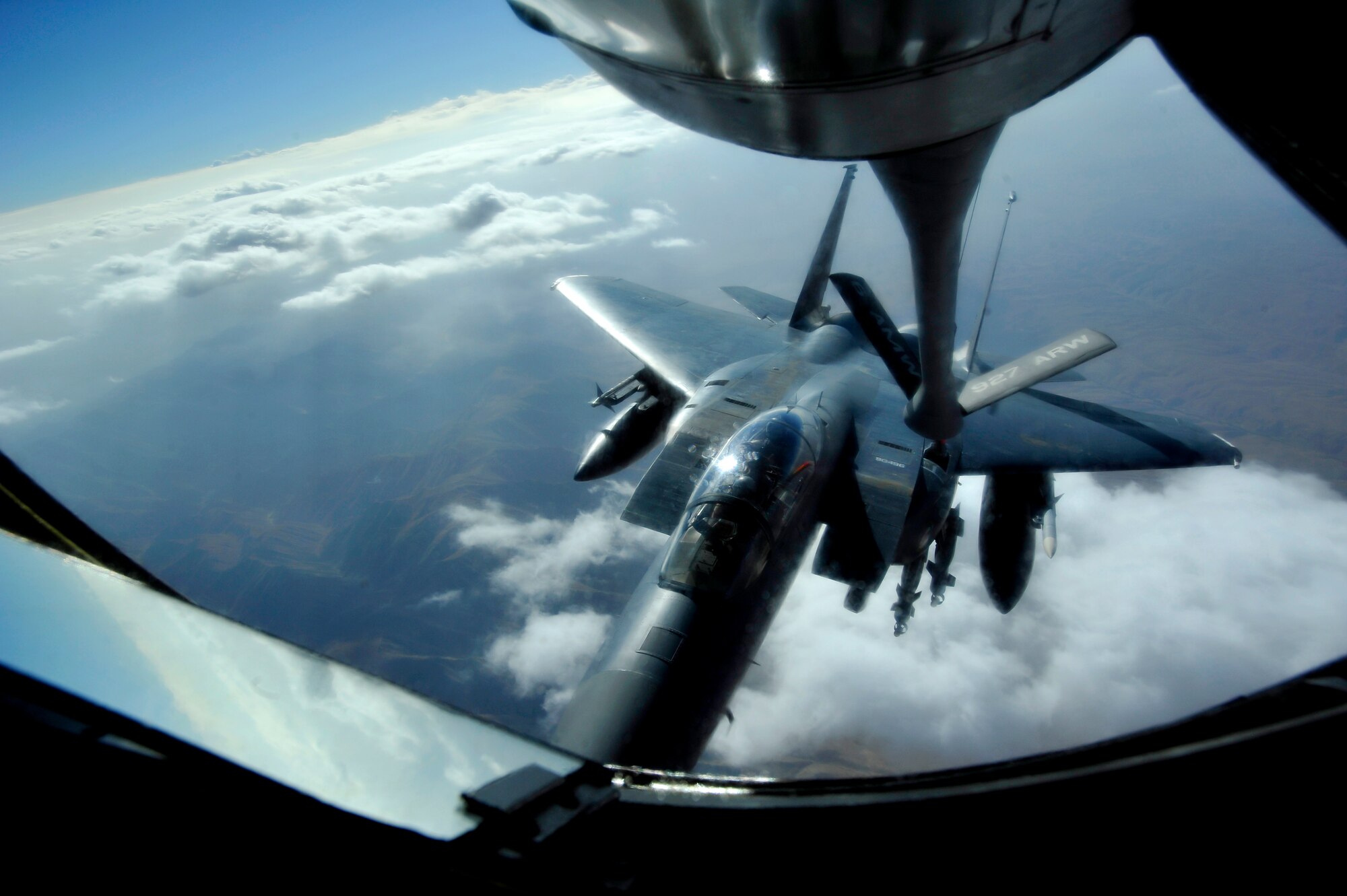 An F-15E Strike Eagle gets refueled by a KC-135 Stratotanker here Sept. 25.  The aircraft is being refueled in order to continue its mission in support Operation Enduring Freedom. (US Air Force photo by Staff Sgt. Angelita Lawrence)(released)