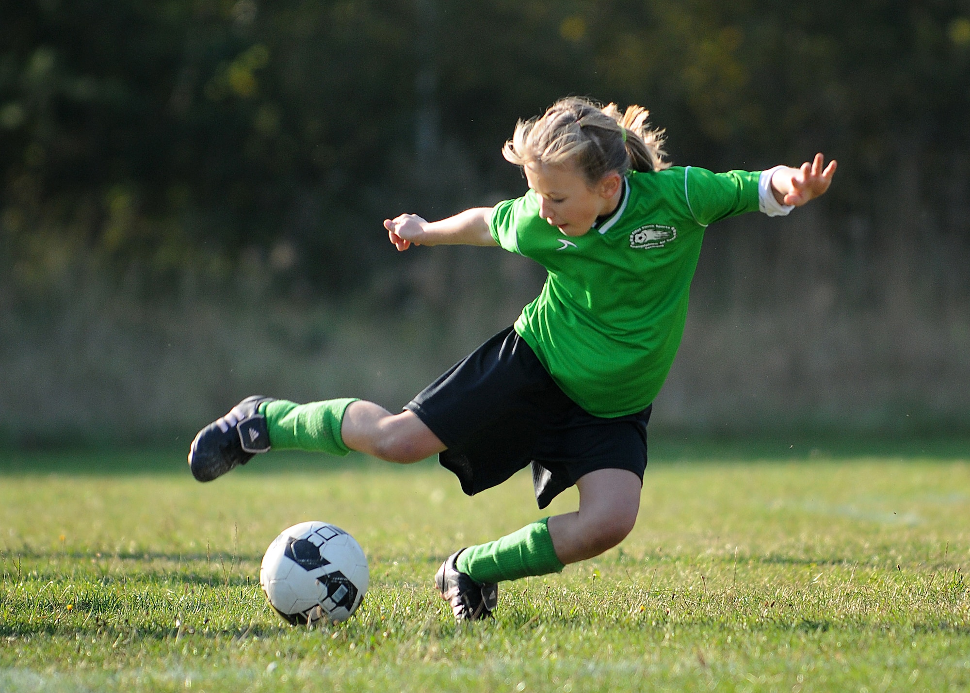 SPANGDAHLEM AIR BASE, Germany -- Saber Alex Harris, daughter of Master Sgt. Lance Harris, 52nd Logistics Readiness Squadron, stops the ball in the second half of the game against the Galaxy on Spangdahlem’s soccer fields Sept. 26. The youth soccer league teaches the fundamentals of soccer and emphasizes good sportsmanship and teamwork. The youth soccer season started Aug. 24. and runs until Oct. 24. (U.S. Air Force photo/Airman 1st Class Nathanael Callon)