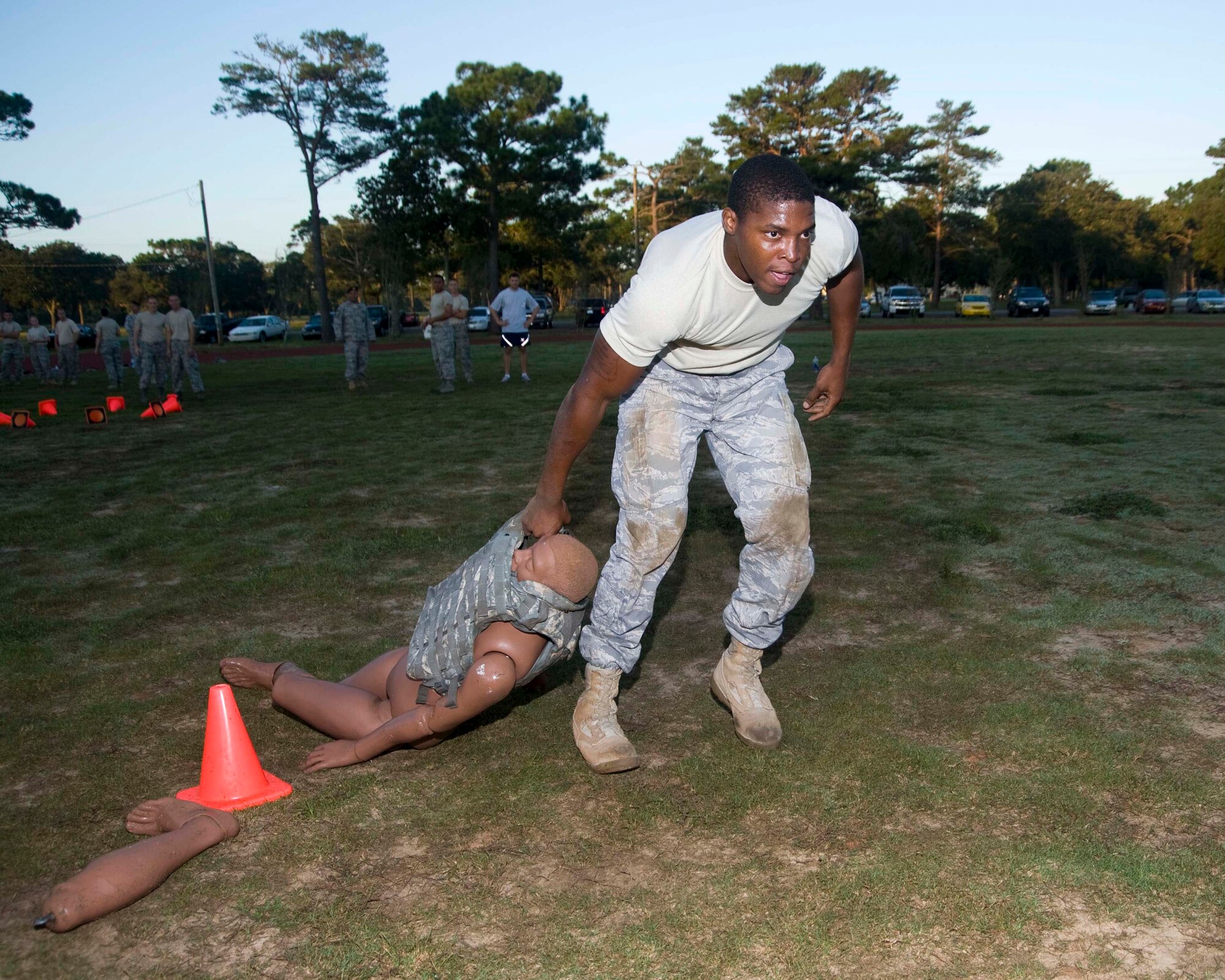 Airman First Class Rodney Dowell drags a mannequin during the 96th Security Forces' Warrior Fit Test. (USAF photo/Wendell Rowan)