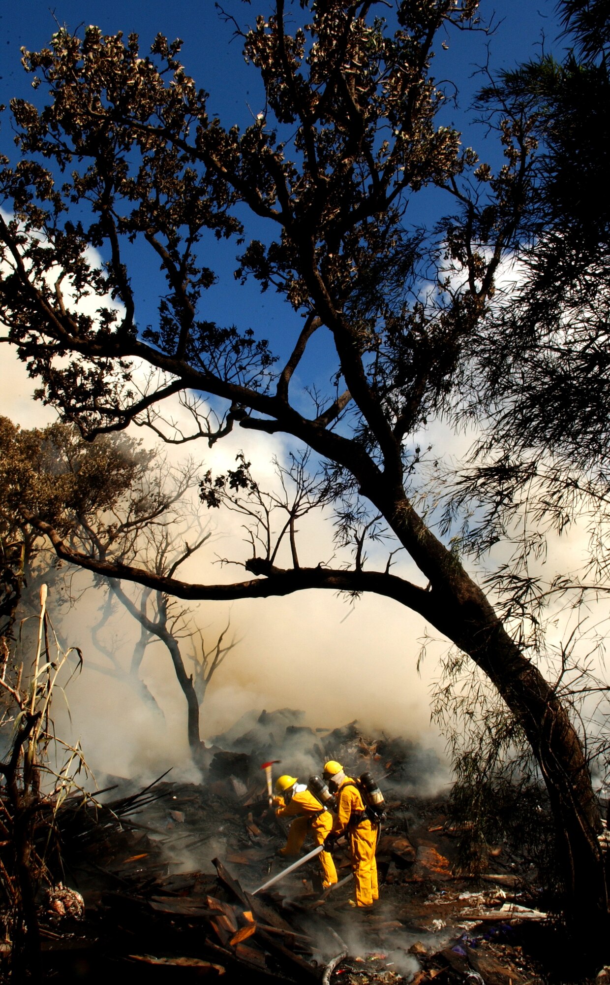 At about 7 a.m. today, Kadena Air Base, Torii Station, and Okinawa City fire departments responded to a fire in a rural area outside Gate 3. It is believed that a debris pile was the source of the fire.  The fire is contained in a 50-by-20 foot area. There were no injuries, casualties or structural damage reported. (U.S. Air Force photo / Tech. Sgt. Rey Ramon) 
