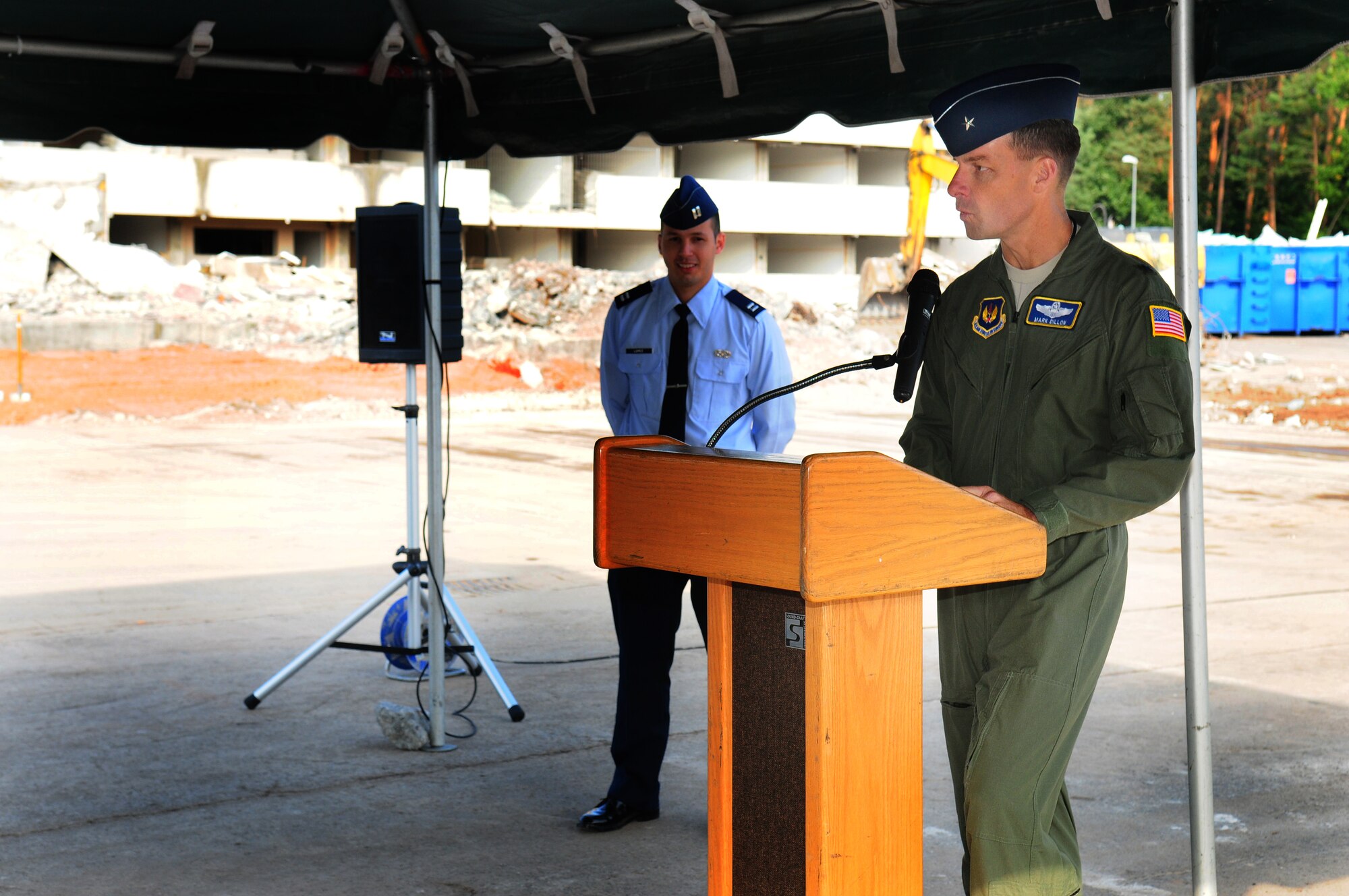 U.S. Air Force Brigadier General Mark Dillon Commander of the 86th Air Lift Wing speaks during a ground breaking ceremony Sept 25, 2009 at the site of the future dormitories at Ramstein AB.  The construction project is slated to be completed in 2011. (U.S. Air Force photo by Staff Sgt. Jocelyn Rich)