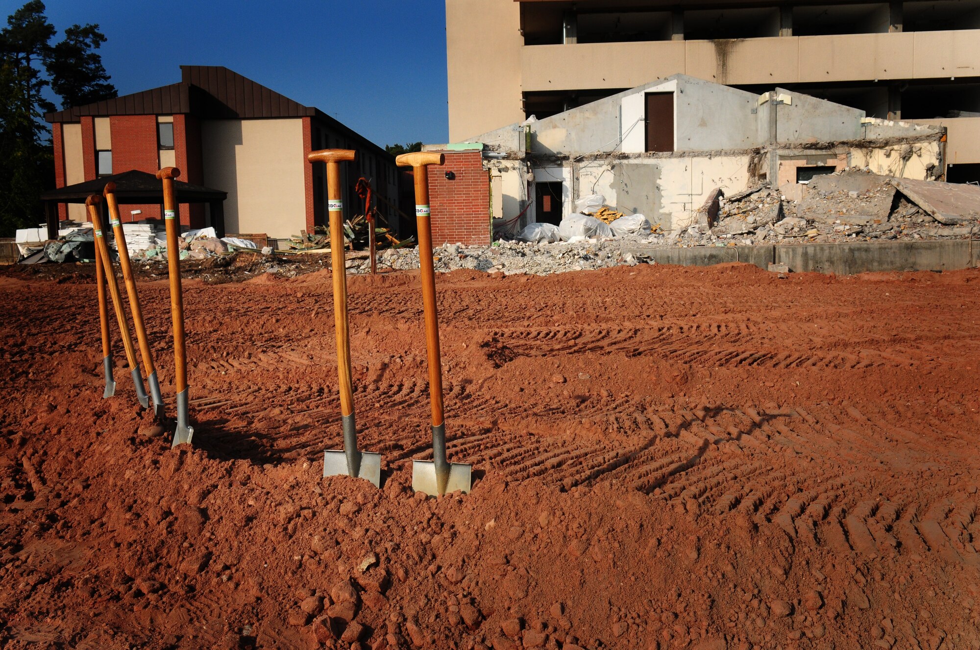Ceremonial shovels await the ground breaking ceremony at the future site of Ramstein AB Germany’s new dormitories on Sept 25, 2009.  The construction project is slated to be completed in 2011. (U.S. Air Force Staff Sgt. Jocelyn Rich)