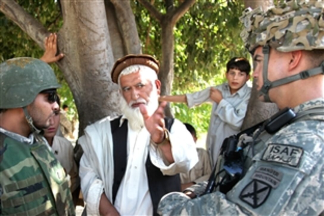 U.S. Army 1st Lt. Aaron Malcolm, right, speaks with locals during a patrol from the village of Shinkowak, Afghanistan, Sept. 19, 2009. Malcolm is a platoon leader assigned to Company C, 1st Battalion, 32nd Infantry Brigade.