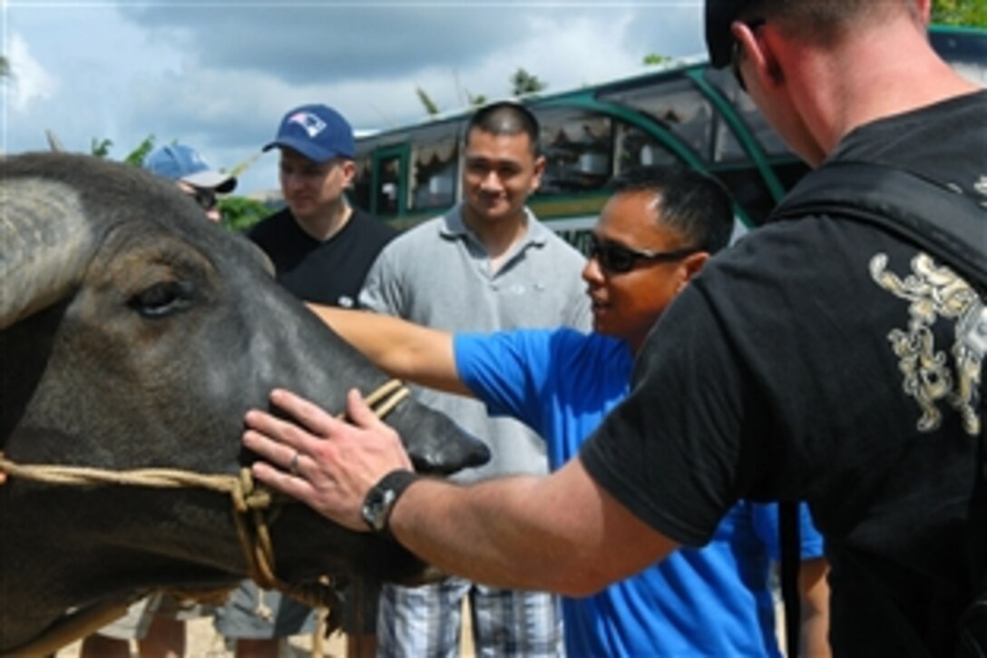 U.S. Navy sailors aboard the aircraft carrier USS Ronald Reagan touch a water buffalo during a  tour in Phuket, Thailand, Sept. 23, 2009. Sailors engaged themselves in Phuket's culture by participating in community relation projects and sporting events with local residents. The Ronald Reagan Carrier Strike Group is on a routine deployment in the 7th Fleet area of responsibility in the Western Pacific and Indian Ocean. 