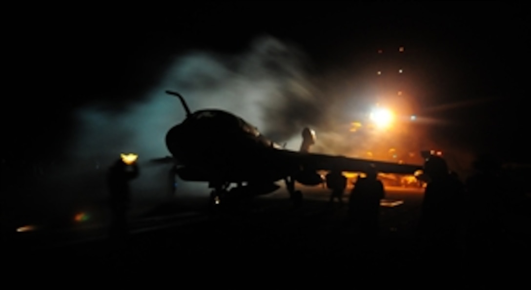 A U.S. Navy EA-6B Prowler aircraft from Electronic Attack Squadron 129 prepares to launch from catapult one aboard the aircraft carrier USS John C. Stennis (CVN 74) in the Pacific Ocean on Sept. 19, 2009.  The Stennis is underway conducting fleet replacement squadron carrier qualifications off the coast of southern California.  