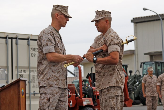 Lt. Col. Christopher A. Feyedelem (left) Marine Wing Support Squadron 171 commanding officer, passes off the noncommissioned officer sword to Sgt. Maj. Blake L. Smith, oncoming MWSS-171 sergeant major, in an appointment ceremony in front of the MWSS-171 headquarters building here Sept. 28. Smith's prior assignment was as the Advanced Infantry Training Battalion sergeant major in Camp Pendleton, Calif.