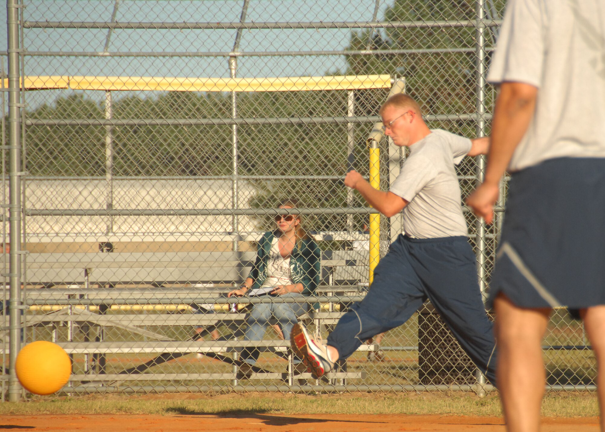 SHAW AIR FORCE BASE, S.C. - Airman 1st Class Aaron Strohl, 20th Equipment Maintenance Squadron apprentice, kicks the ball during a Viper Challenge kickball game Sept. 29. (U.S. Air Force photo/2nd Lt. Emily Chilson)