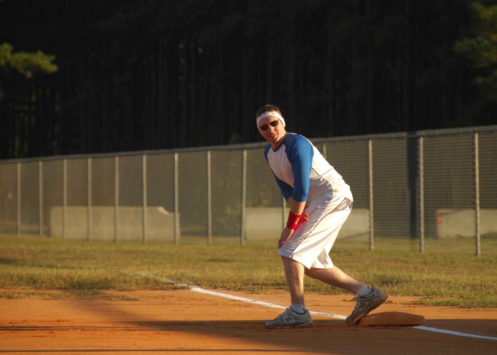 SHAW AIR FORCE BASE, S.C. -- Airman 1st Class Dan McGonigle, 28th Operational Weather Squadron forecaster, plays in a Viper Challenge softball game against the 79th Fighter Squadron Sept. 29. (U.S. Air Force photo/2nd Lt. Emily Chilson)