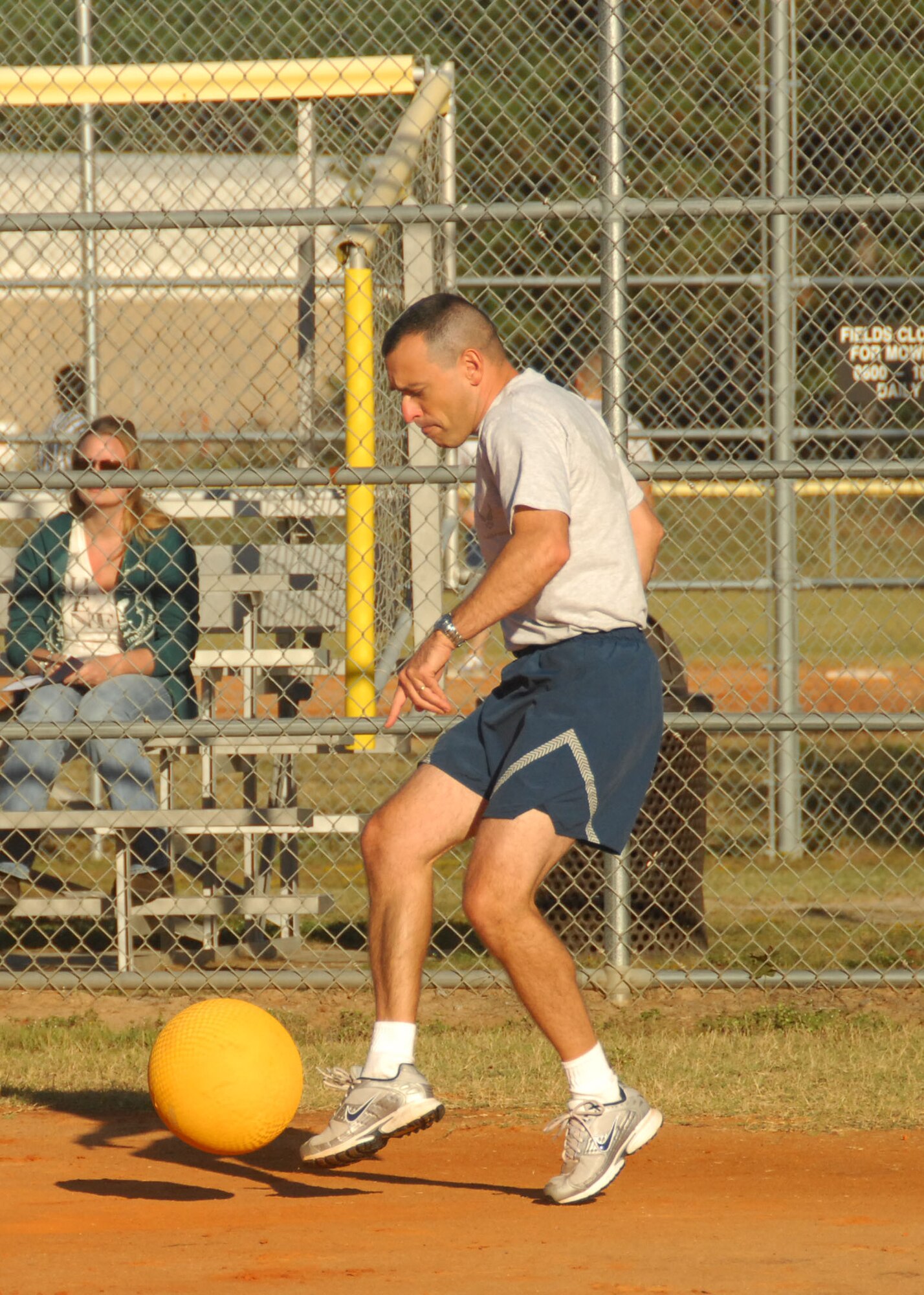 SHAW AIR FORCE BASE, S.C. -- Senior Master Sgt. James Slisik, 28th Operational Weather Squadron superintendent, bunts during a Viper Challenge kickball game Sept. 29. (U.S. Air Force photo/2nd Lt. Emily Chilson)