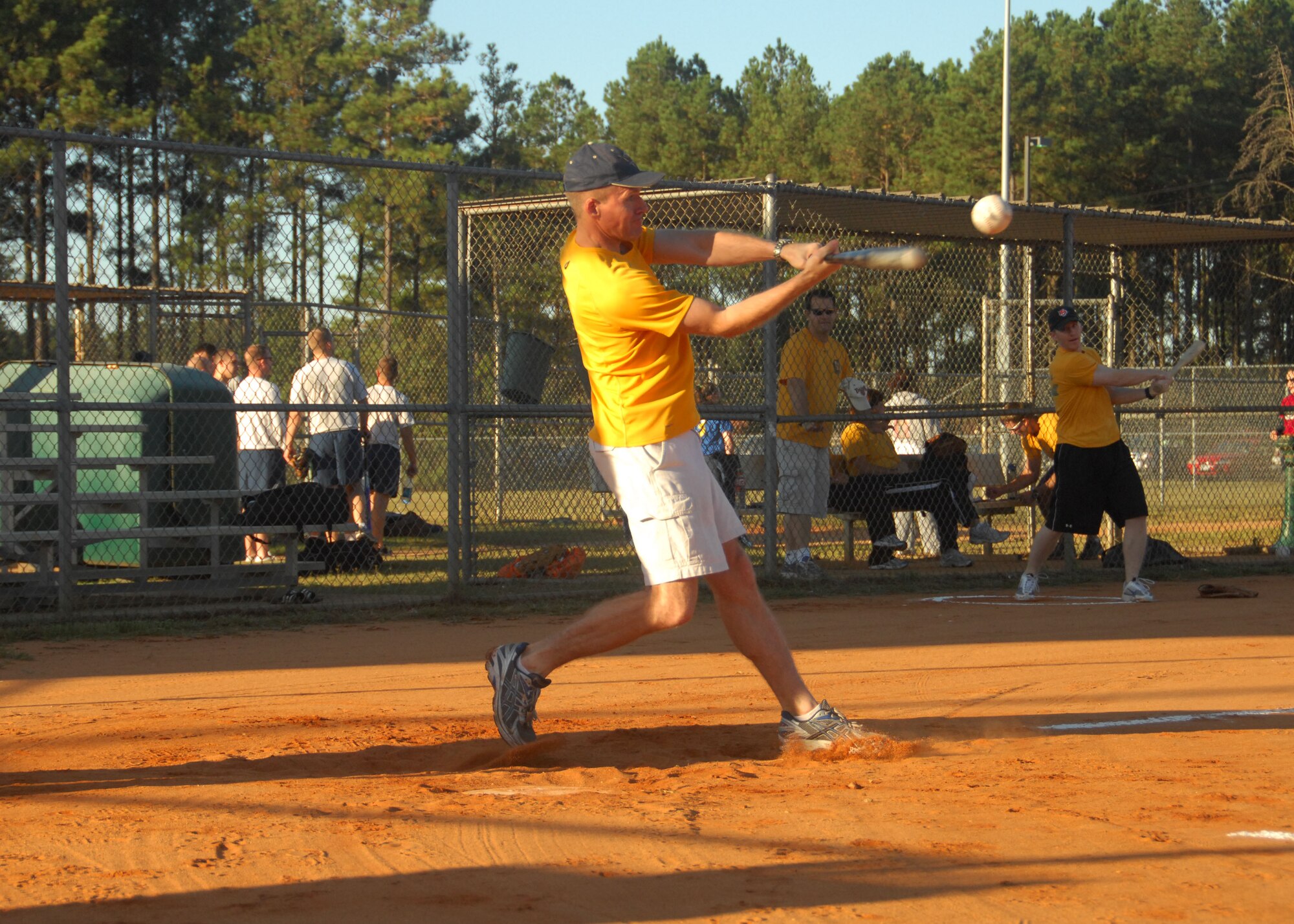 SHAW AIR FORCE BASE, S.C. -- Lieutenant Col. Kenneth Ekman, 79th Fighter Squadron commander, hits a triple during a Viper Challenge softball game against the 28th Operational Weather Squadron Sept. 29. (U.S. Air Force photo/2nd Lt. Emily Chilson)