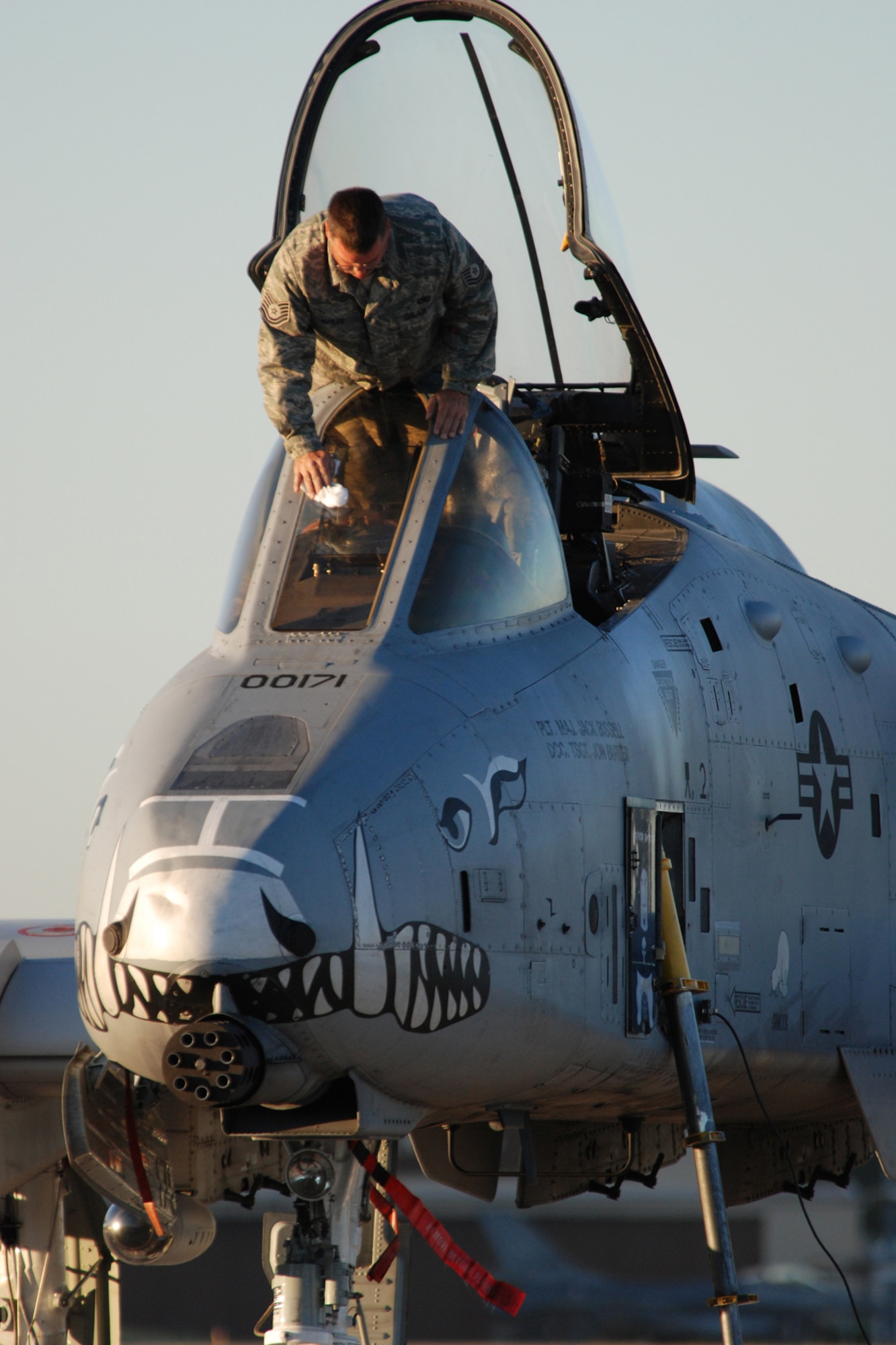 Technical Sgt. John Butler, crew chief, 717th Aircraft Maintenance Squadron, cleans the windscreen of a 47th Fighter Squadron A-10 Thunderbolt II before a sortie in support of Patriot Rifle III, Hill Air Force Base, Utah, on September 12, 2009. More than 54 members of the 917th Wing from Barksdale Air Force Base, La., and six aircraft participated in the exercise. (U.S. Air Force photo/Master Sgt. Greg Steele)