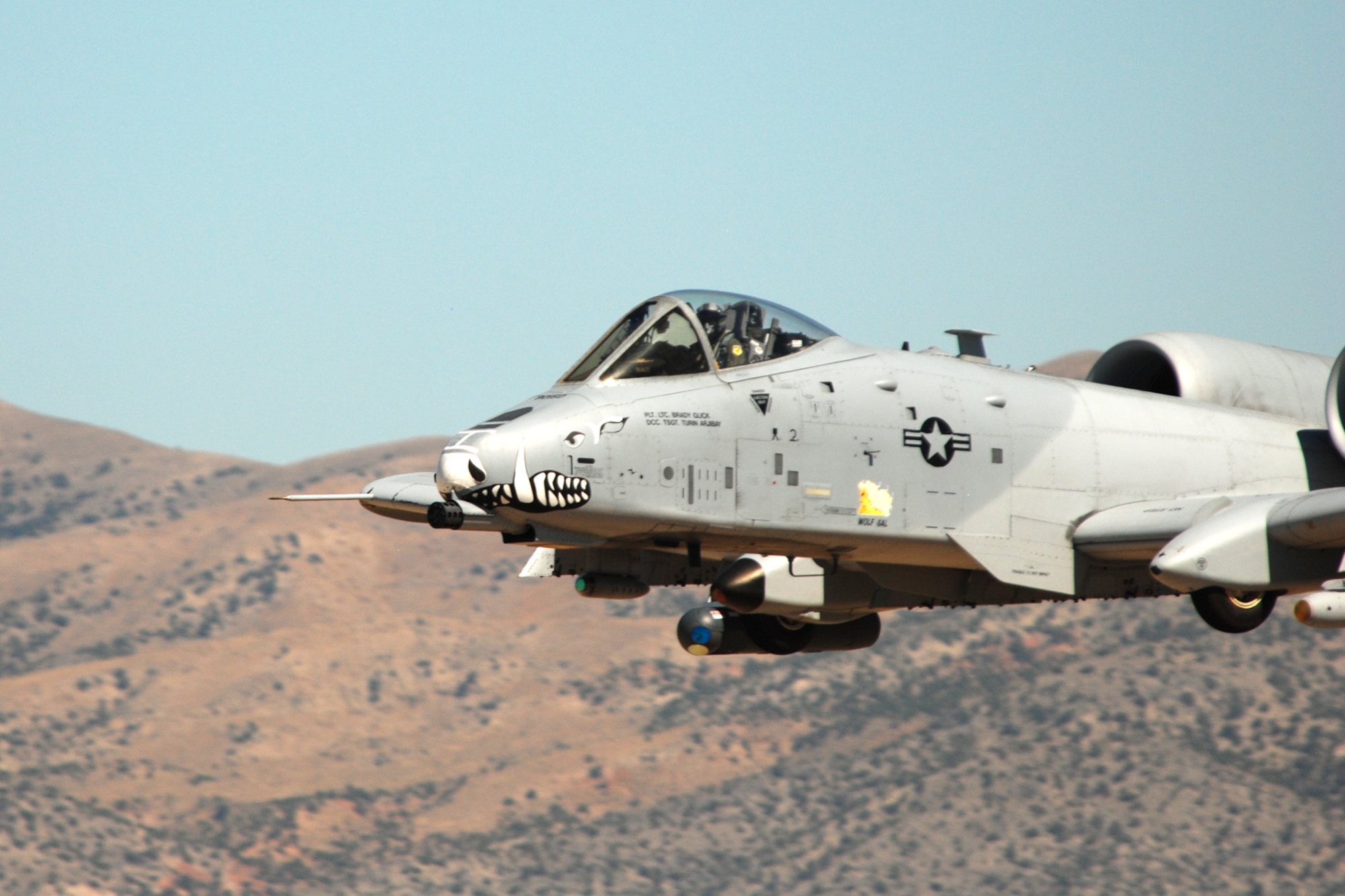A 47th Fighter Squadron A-10 Thunderbolt II aircraft simulates a 30mm strafing attack on an enemy position at the Utah Test and Training Range in support of Patriot Rifle III, Hill Air Force Base, Utah, on September 11, 2009. More than 54 members of the 917th Wing from Barksdale Air Force Base, La., and six aircraft participated in the exercise. (U.S. Air Force photo/Master Sgt. Greg Steele)