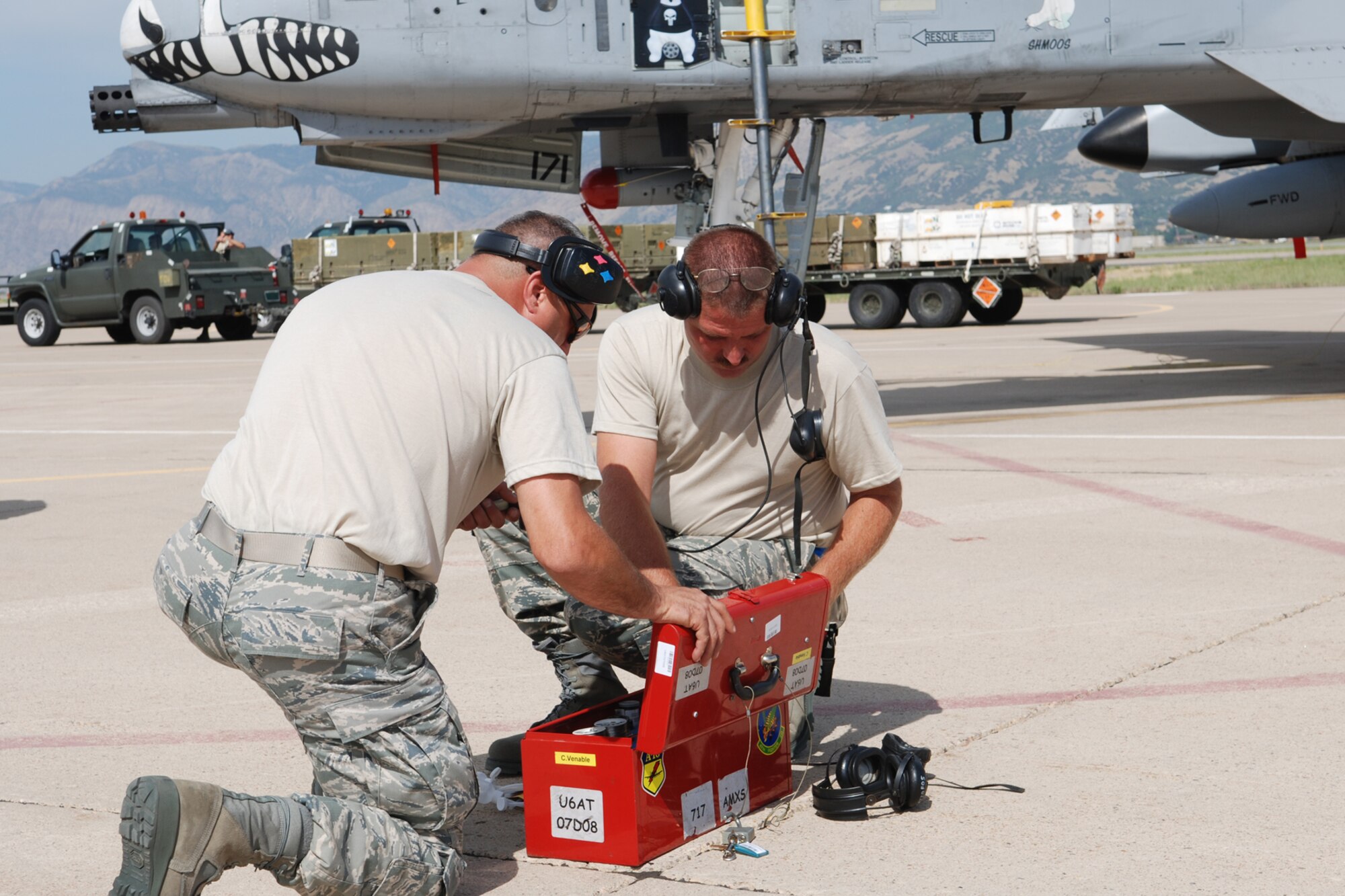 Technical Sgts. Dave Long and Tony Patterson, 717th Aircraft Maintenance Squadron crew chiefs, get ready to perform an after-flight inspection on a 47th Fighter Squadron A-10 Thunderbolt II in support of Patriot Rifle III, Hill Air Force Base, Utah, on September 10, 2009. More than 54 members of the 917th Wing from Barksdale Air Force Base, La., and six aircraft participated in the exercise. (U.S. Air Force photo/Master Sgt. Greg Steele)