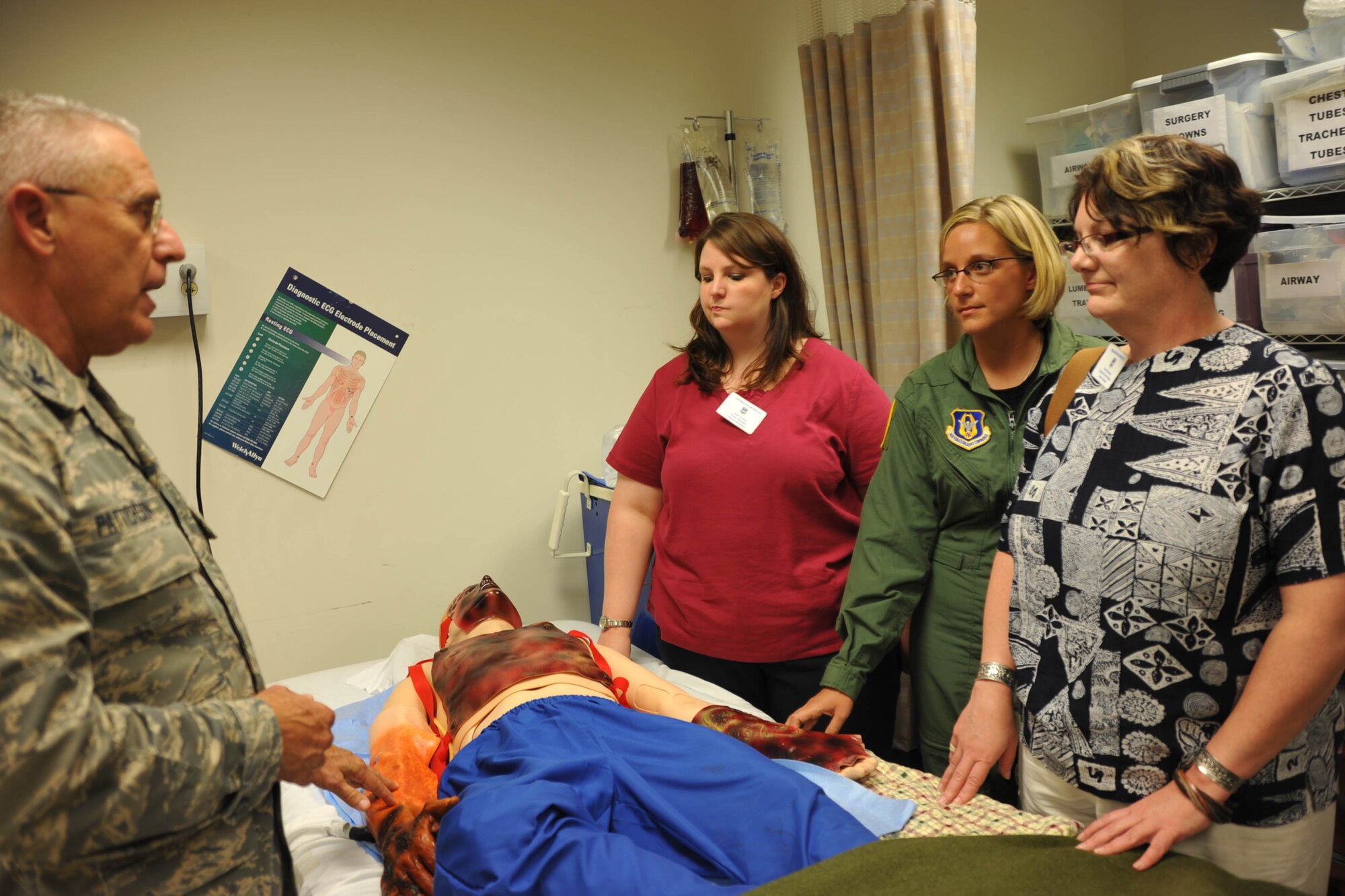 Colonel James Patterson explains the electronic workings of the simulation man "SIM MAN" robot inside the 932nd Airlift Wing's Medical Group building during a tour.  He is the Medica Group commander at the Air Force Reserve unit near Belleville, Illinois.  (U.S. Air Force
