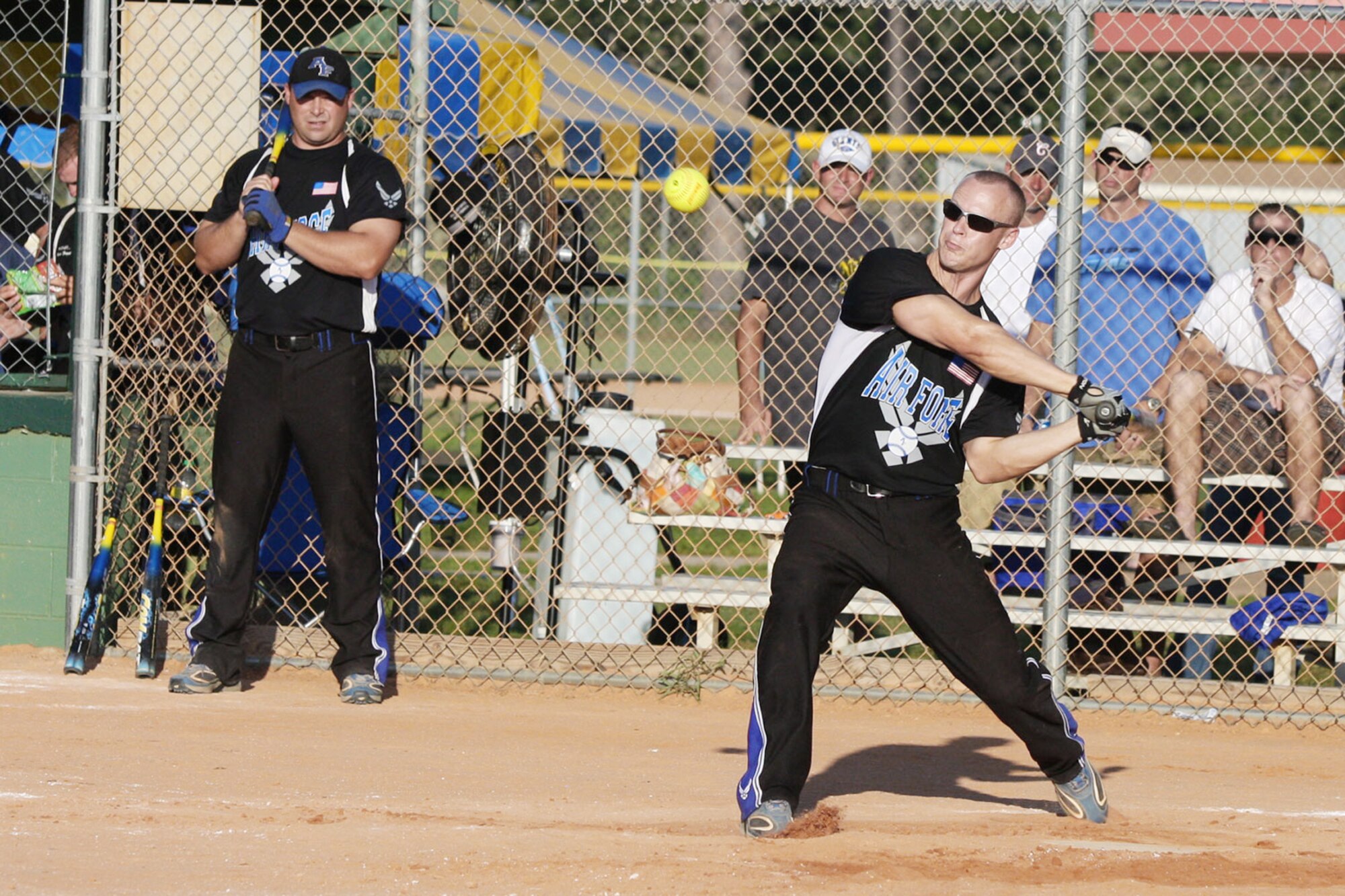 Nellis Myers gets a base hit during the Armed Forces Softball Championships. The Air Force men's and women's softball teams earned gold medals at the event. Myers is from Nellis Air Force Base, Nev. (U.S. Air Force photo/Steve Brown) 