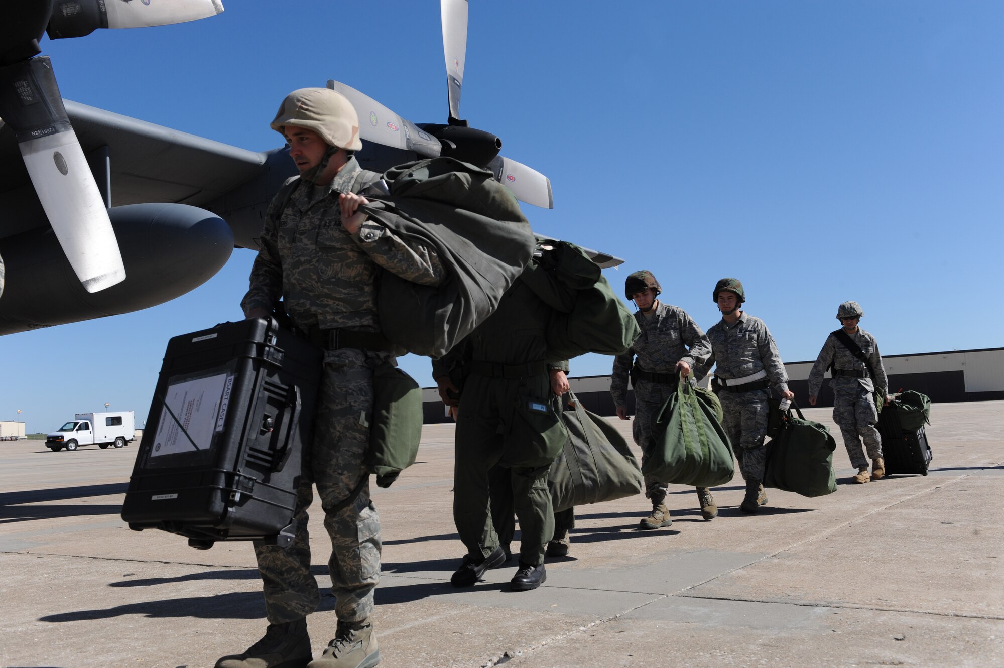 WHITEMAN AIR FORCE BASE, Mo. – Members of the 509th Logistics Readiness Squadron, board a C-130, during the Nuclear Operation Readiness Exercise Sept 28. The NORE is in preparation of the upcoming Nuclear Operational Readiness Inspection Oct. 11. (U.S. Air Force photo/Senior Airman Cory Todd)