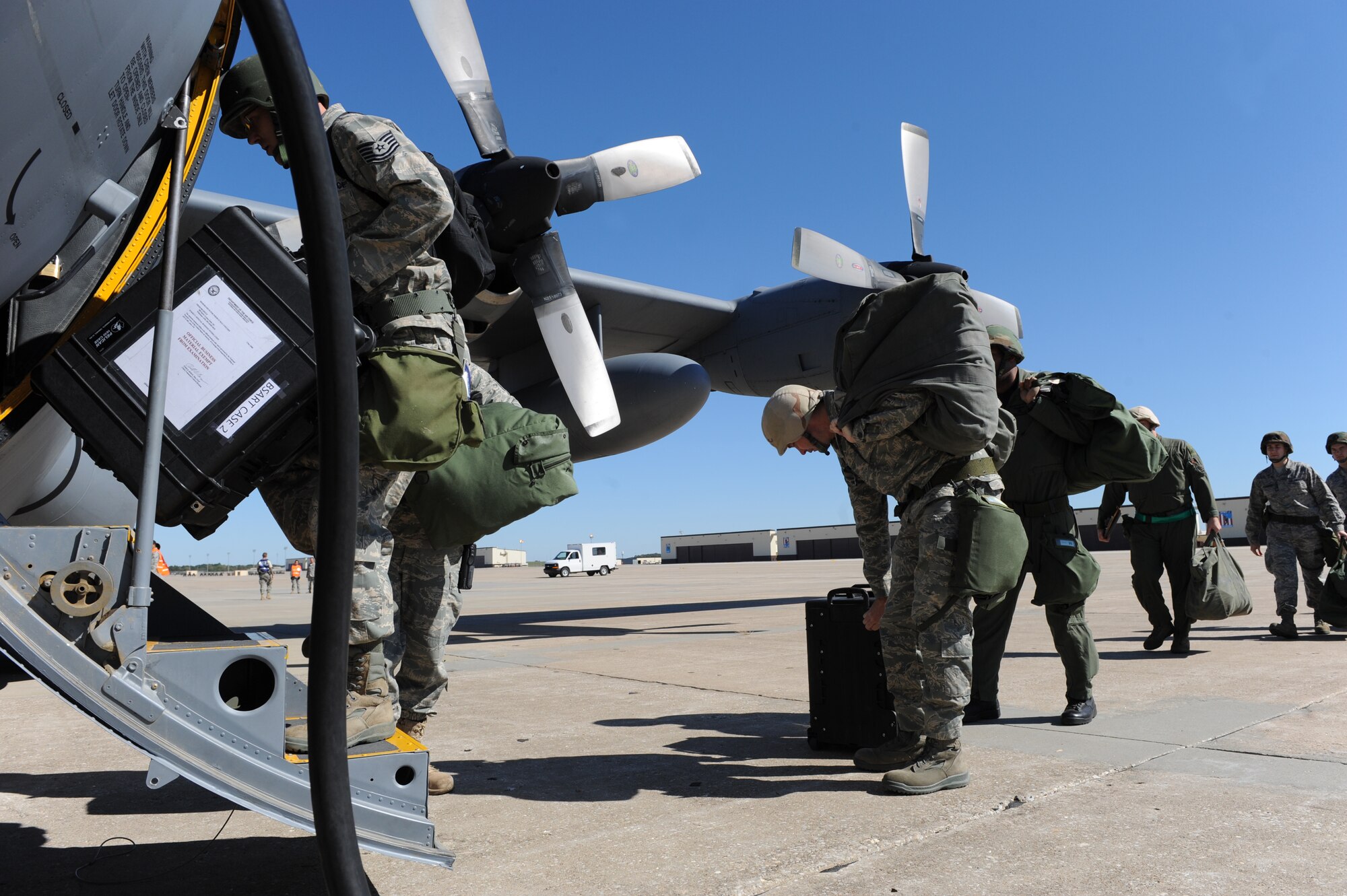 WHITEMAN AIR FORCE BASE, Mo. – Members of the 509th Logistics Readiness Squadron, board a C-130, during the Nuclear Operation Readiness Exercise Sept 28. The NORE is in preparation of the upcoming Nuclear Operational Readiness Inspection Oct. 11. (U.S. Air Force photo/Senior Airman Cory Todd)