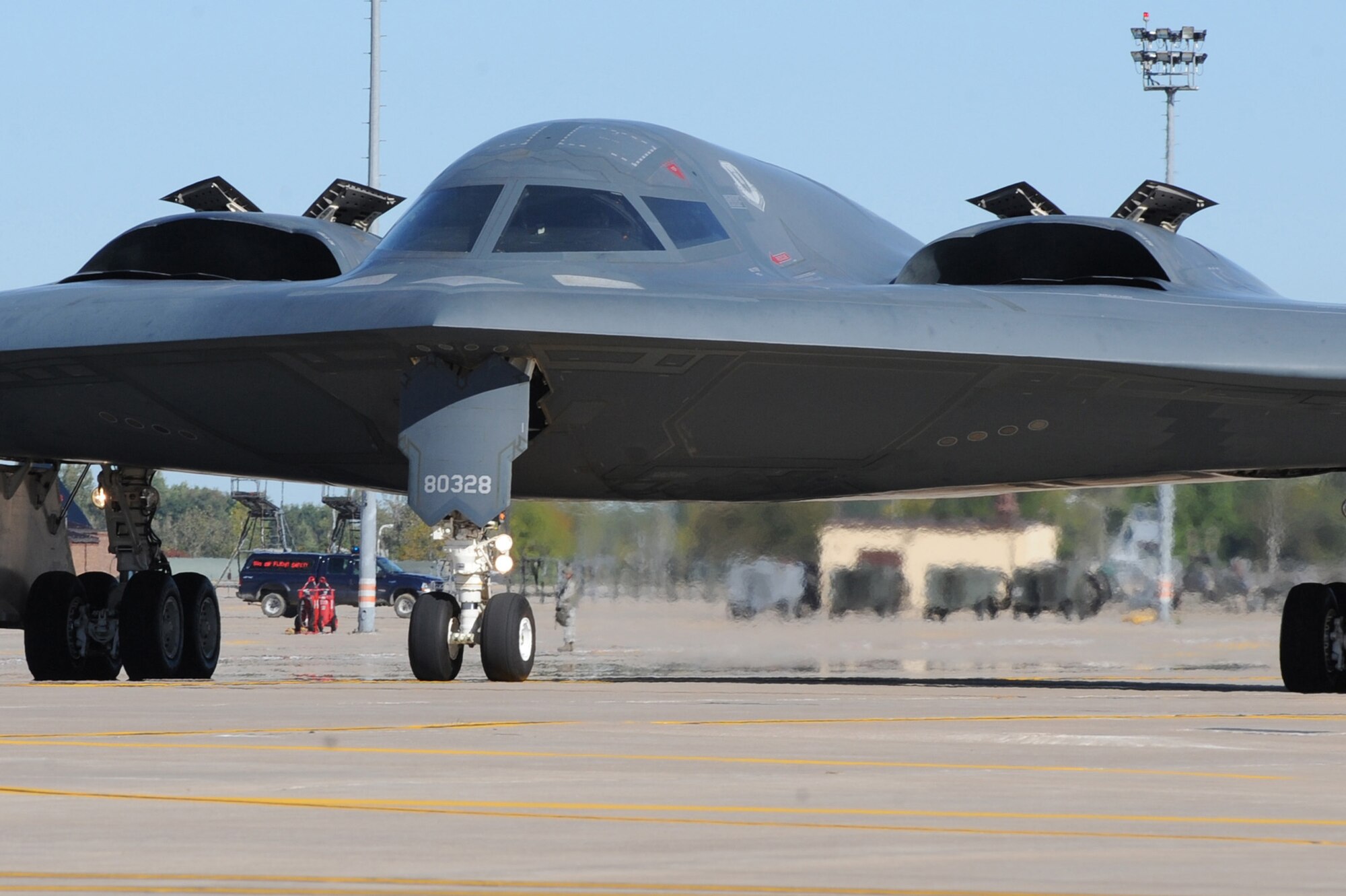 WHITEMAN AIR FORCE BASE, Mo. - Capt. William Pogue, 13th Bomb Squadron, and Capt. Luke Lucero, 13th Bomb Squadron, taxi a B-2 Spirit during the "Beast Walk," as part of the Nuclear Operation Readiness Exercise, Sept. 29. The NORE is in preparation of the Nuclear Operational Readiness Inspection Oct 11. (U.S. Air Force photo/Airman 1st Class Carlin Leslie)